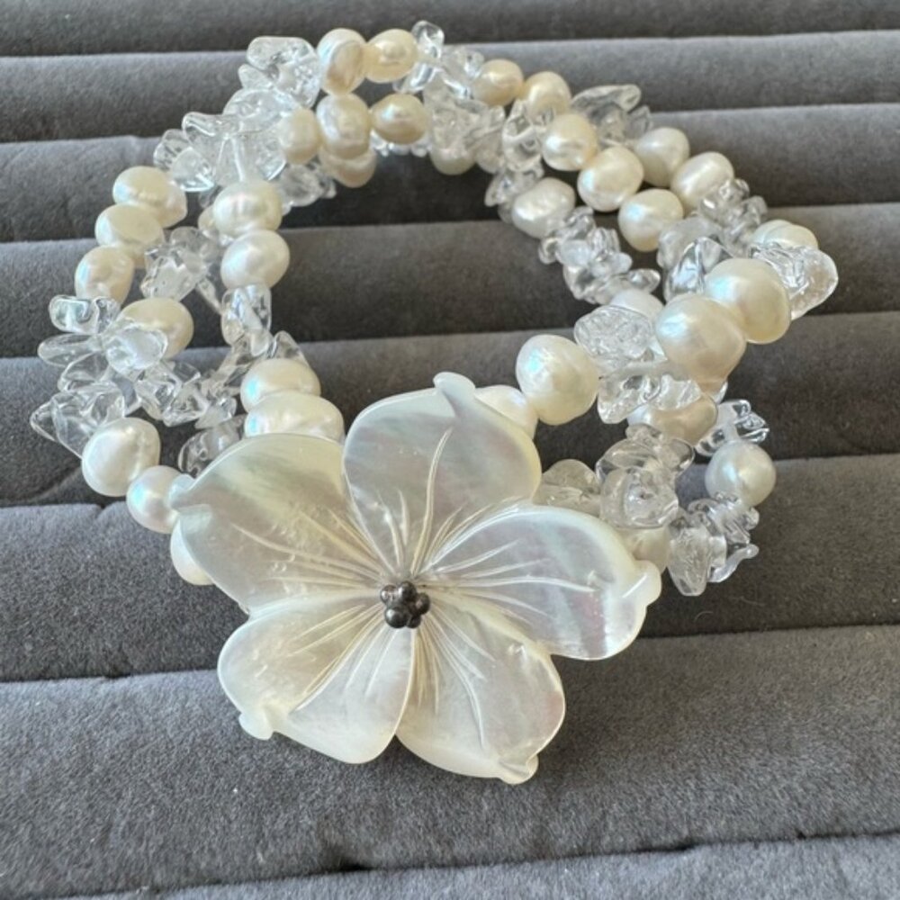 Flower Gen Mother Of Pearl Quartz White Sterling Triple Strand Vintage Bracelet